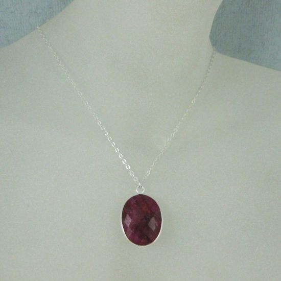 Wholesale Bezel Gemstone Oval Pendant Necklace - Silver Sterling Chain - Ruby Dyed (16-24")