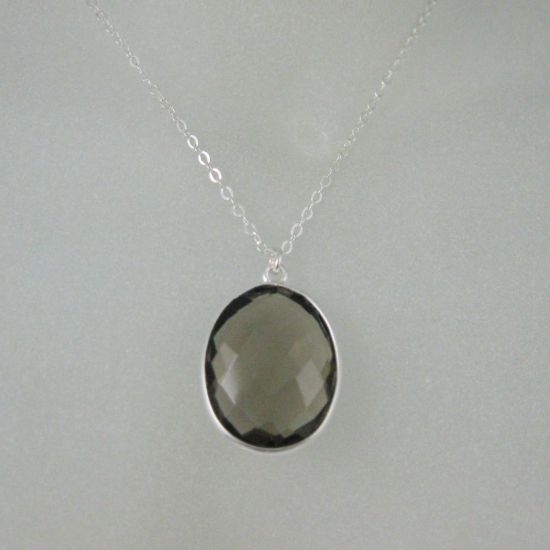 Wholesale Bezel Gemstone Oval Pendant Necklace - Silver Sterling Chain - Smoky Quartz (16-24")