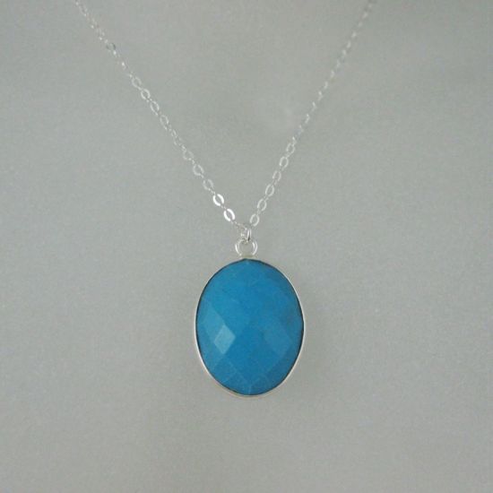 Wholesale Bezel Gemstone Oval Pendant Necklace - Silver Sterling Chain - Turquoise (16-24")