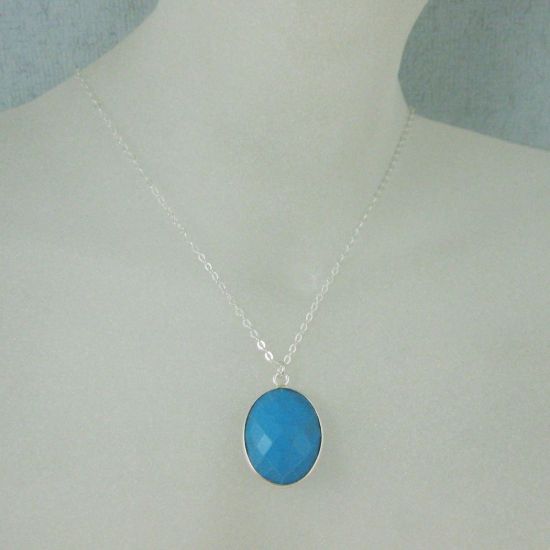 Wholesale Bezel Gemstone Oval Pendant Necklace - Silver Sterling Chain - Turquoise (16-24")