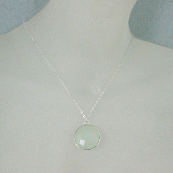 Wholesale Bezel Gemstone Round Pendant Necklace - Sterling Silver - Aqua Chalcedony 16-24")