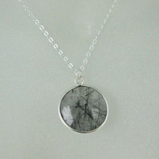 Wholesale Bezel Gemstone Round Pendant Necklace - Sterling Silver - Black Rutilated Quartz (16-24")