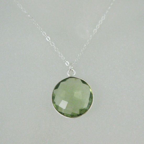 Wholesale Bezel Gemstone Round Pendant Necklace - Sterling Silver - Green Amethyst Quartz (16-24")