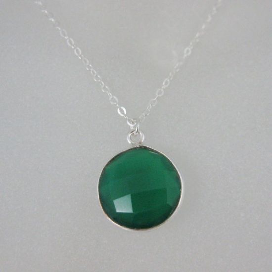 Wholesale Bezel Gemstone Round Pendant Necklace - Sterling Silver - Green Onyx (16-24")