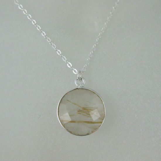 Wholesale Bezel Gemstone Round Pendant Necklace - Sterling Silver - Gold Rutilated Quartz (16-24")