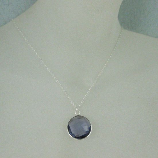 Wholesale Bezel Gemstone Round Pendant Necklace - Sterling Silver - Iolite Quartz (16-24")