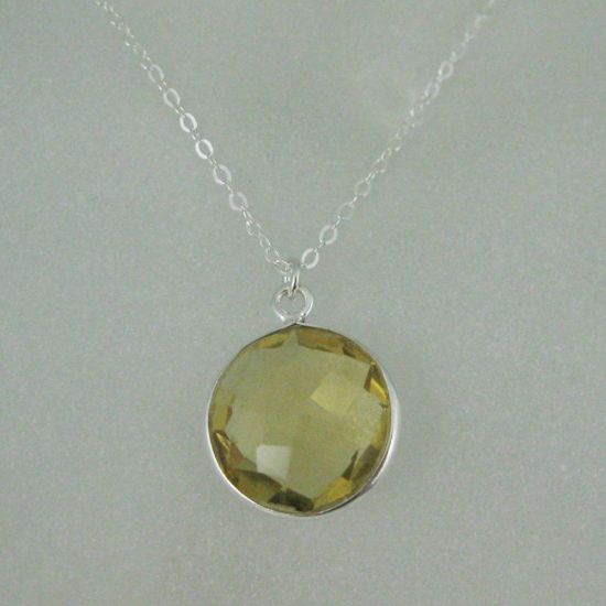Wholesale Bezel Gemstone Round Pendant Necklace - Sterling Silver - Lemon Quartz (16-24")