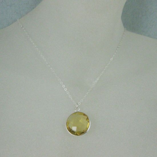Wholesale Bezel Gemstone Round Pendant Necklace - Sterling Silver - Lemon Quartz (16-24")