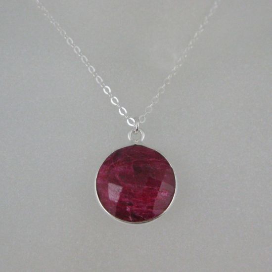 Wholesale Bezel Gemstone Round Pendant Necklace - Sterling Silver - Ruby Dyed (16-24")