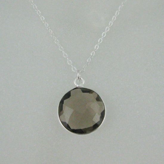 Wholesale Bezel Gemstone Round Pendant Necklace - Sterling Silver - Smoky Quartz (16-24")