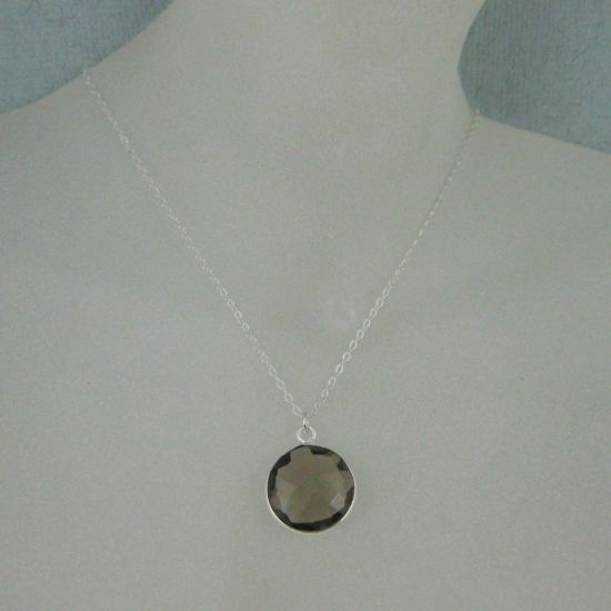 Wholesale Bezel Gemstone Round Pendant Necklace - Sterling Silver - Smoky Quartz (16-24")