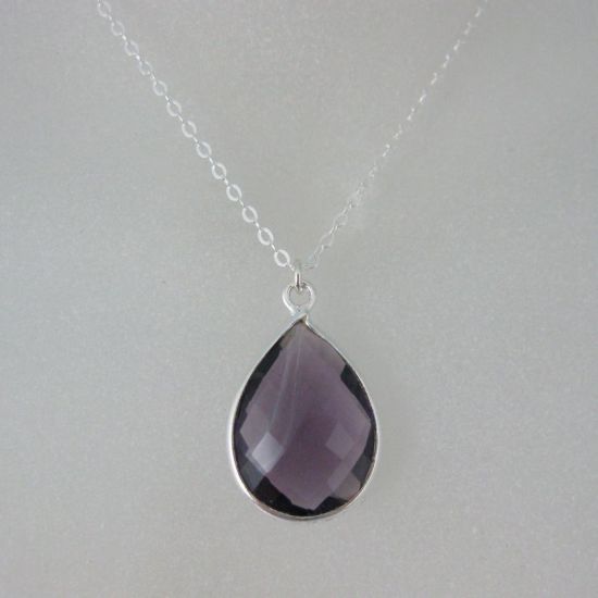 Wholesale Bezel Gemstone Tear Pendant Necklace - Silver Sterling Chain - Amethyst (16-24")