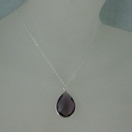 Wholesale Bezel Gemstone Tear Pendant Necklace - Silver Sterling Chain - Amethyst (16-24")