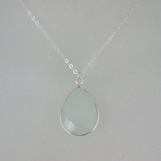 Wholesale Bezel Gemstone Tear Pendant Necklace - Silver Sterling Chain - Aqua Chalcedony (16-24")