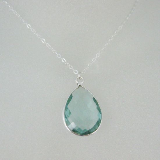 Wholesale Bezel Gemstone Tear Pendant Necklace - Silver Sterling Chain - Aqua Quartz (16-24")