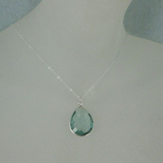 Wholesale Bezel Gemstone Tear Pendant Necklace - Silver Sterling Chain - Aqua Quartz (16-24")