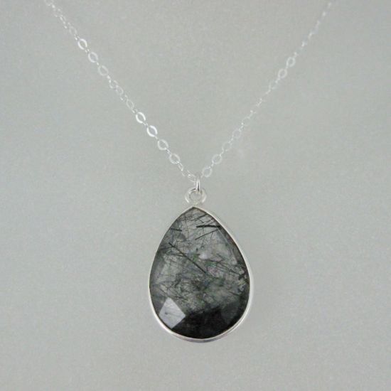 Wholesale Bezel Gemstone Tear Pendant Necklace - Silver Sterling Chain - Black Rutilated Quartz(16-24")