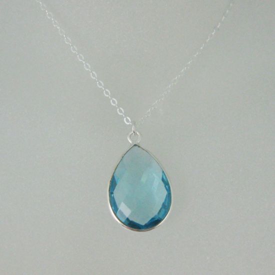 Wholesale Bezel Gemstone Tear Pendant Necklace - Silver Sterling Chain - Blue Topaz(16-24")