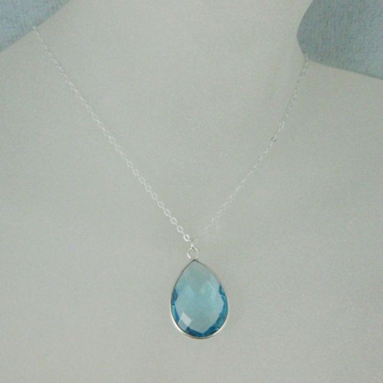 Wholesale Bezel Gemstone Tear Pendant Necklace - Silver Sterling Chain - Blue Topaz(16-24")