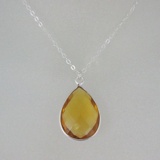 Wholesale Bezel Gemstone Tear Pendant Necklace - Silver Sterling Chain - Citrine Quartz (16-24")