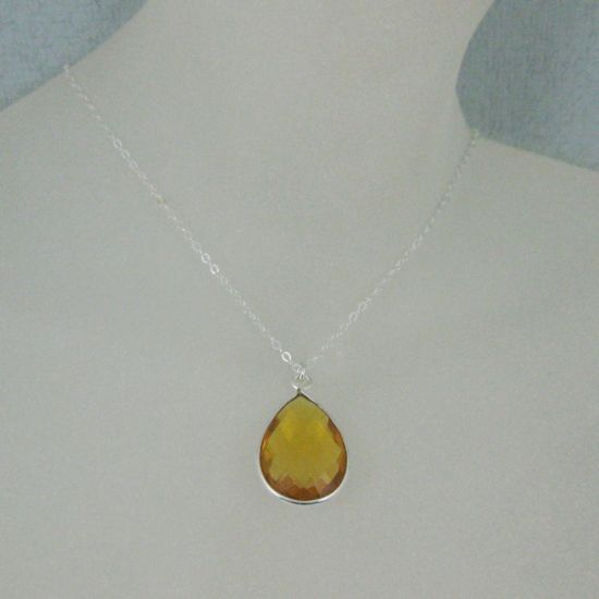 Wholesale Bezel Gemstone Tear Pendant Necklace - Silver Sterling Chain - Citrine Quartz (16-24")