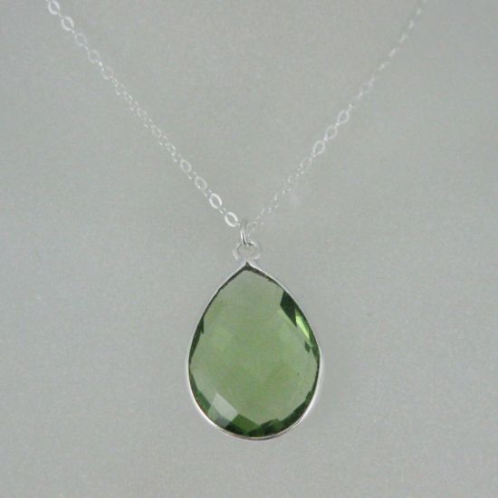 Wholesale Bezel Gemstone Tear Pendant Necklace - Silver Sterling Chain - Green Amethyst Quartz (16-24")