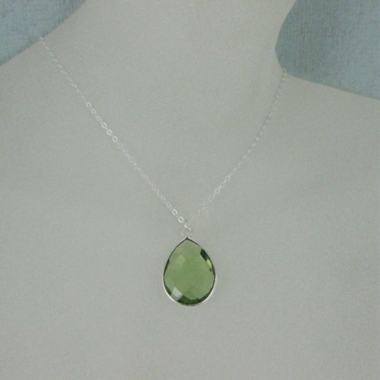 Wholesale Bezel Gemstone Tear Pendant Necklace - Silver Sterling Chain - Green Amethyst Quartz (16-24")