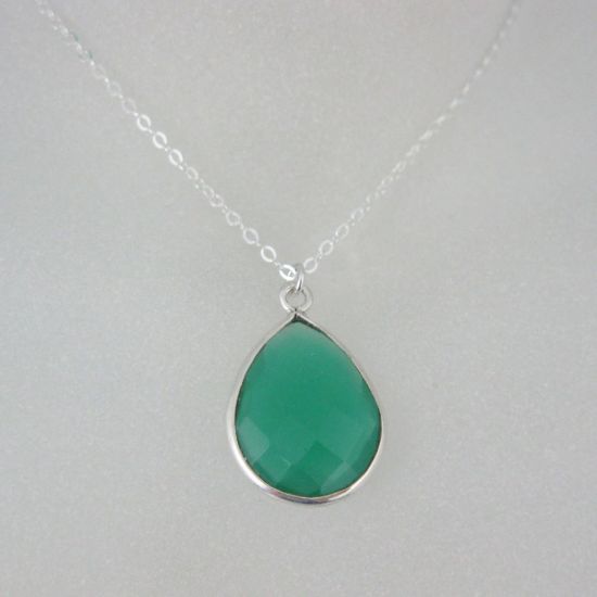 Wholesale Bezel Gemstone Tear Pendant Necklace - Silver Sterling Chain - Green Onyx (16-24")