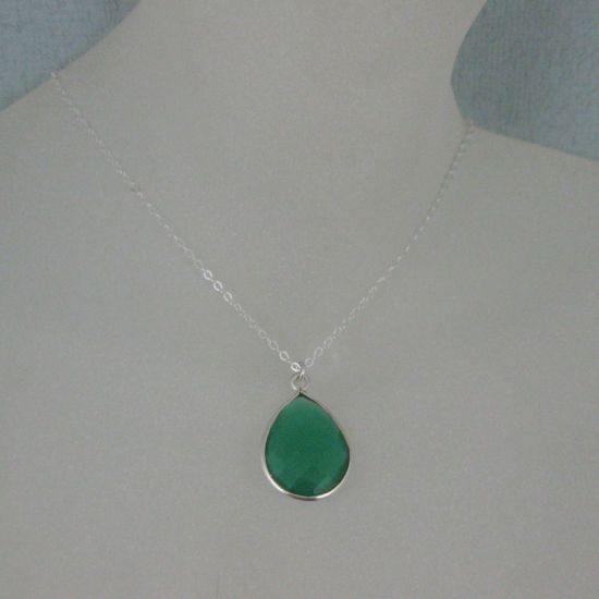 Wholesale Bezel Gemstone Tear Pendant Necklace - Silver Sterling Chain - Green Onyx (16-24")