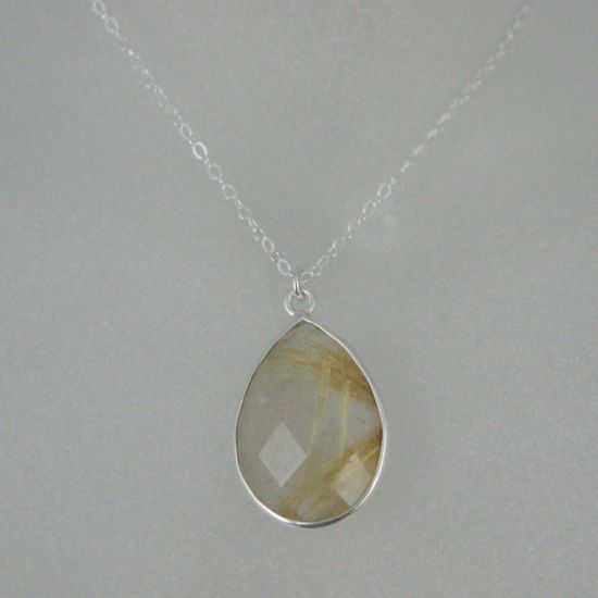 Wholesale Bezel Gemstone Tear Pendant Necklace - Silver Sterling Chain - Gold Rutilated Quartz (16-24")
