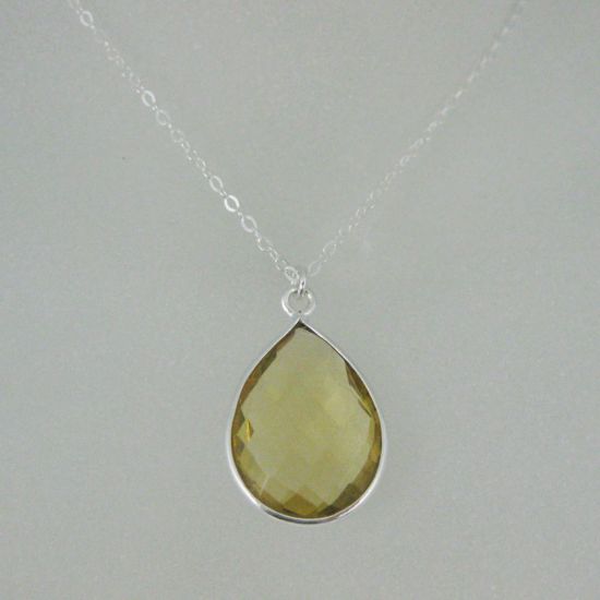 Wholesale Bezel Gemstone Tear Pendant Necklace - Silver Sterling Chain - Lemon Quartz (16-24")