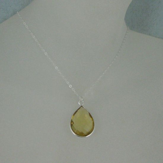 Wholesale Bezel Gemstone Tear Pendant Necklace - Silver Sterling Chain - Lemon Quartz (16-24")