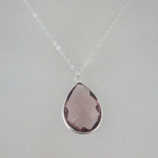 Wholesale Bezel Gemstone Tear Pendant Necklace - Silver Sterling Chain - Pink Amethyst Quartz  (16-24")