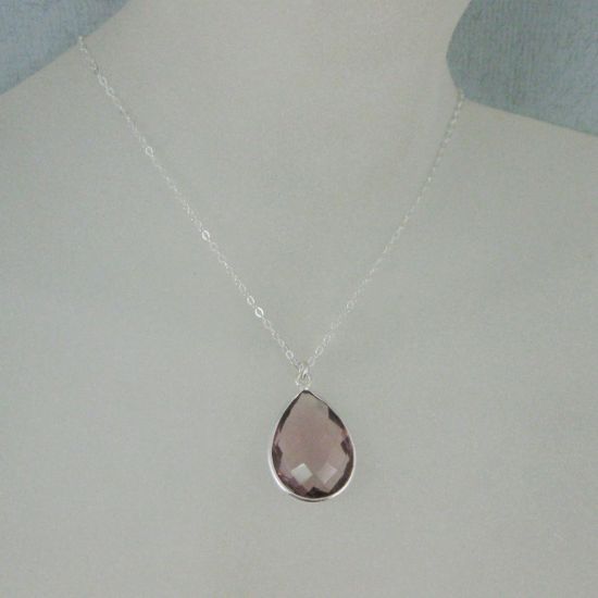 Wholesale Bezel Gemstone Tear Pendant Necklace - Silver Sterling Chain - Pink Amethyst Quartz  (16-24")