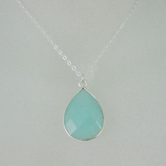Wholesale Bezel Gemstone Tear Pendant Necklace - Silver Sterling Chain - Peru Chalcedony (16-24")