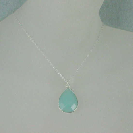 Wholesale Bezel Gemstone Tear Pendant Necklace - Silver Sterling Chain - Peru Chalcedony (16-24")