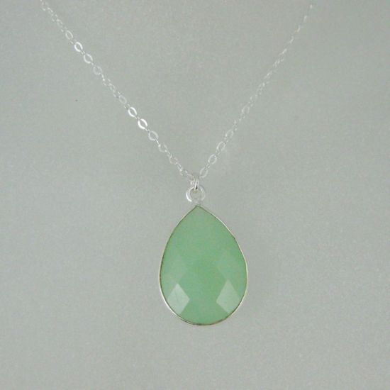 Wholesale Bezel Gemstone Tear Pendant Necklace - Silver Sterling Chain - Prenite Chalcedony (16-24")