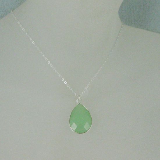 Wholesale Bezel Gemstone Tear Pendant Necklace - Silver Sterling Chain - Prenite Chalcedony (16-24")