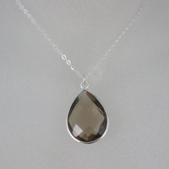 Wholesale Bezel Gemstone Tear Pendant Necklace - Silver Sterling Chain - Smoky Quartz (16-24")
