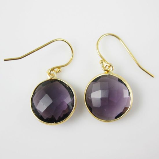 Wholesale Bezel Gemstone Round Pendant Earrings - Gold Plated Hooks - Amethyst