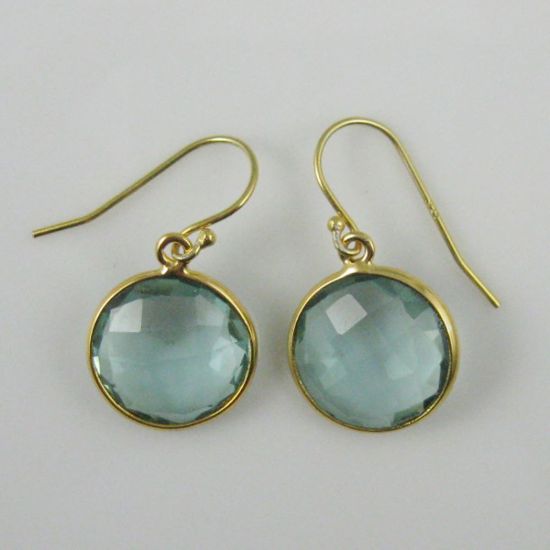 Wholesale Bezel Gemstone Round Pendant Earrings - Gold Plated Hooks - Aqua Quartz
