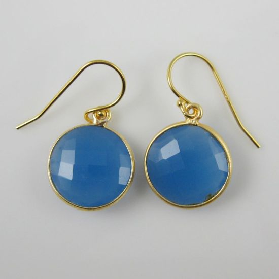 Wholesale Bezel Gemstone Round Pendant Earrings - Gold Plated Hooks - Blue Chalcedony