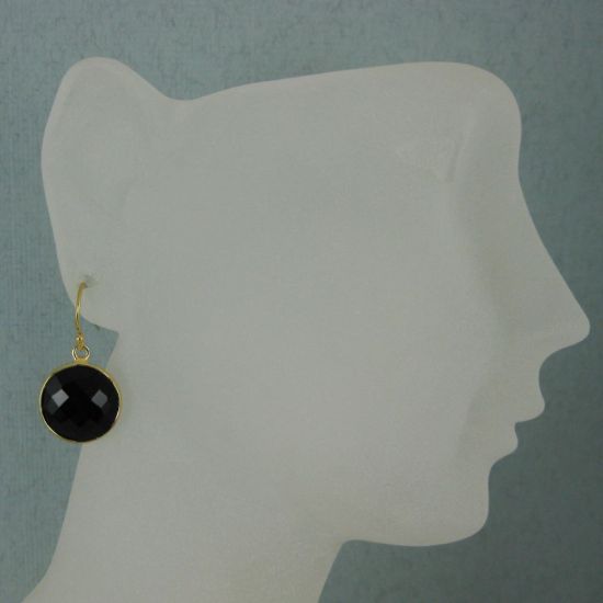 Wholesale Bezel Gemstone Round Pendant Earrings - Gold Plated Hooks - Black Onyx