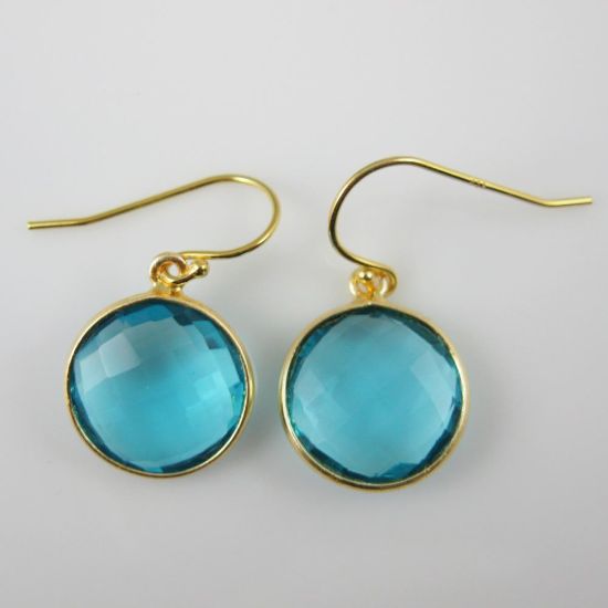 Wholesale Bezel Gemstone Round Pendant Earrings - Gold Plated Hooks - Blue Quartz