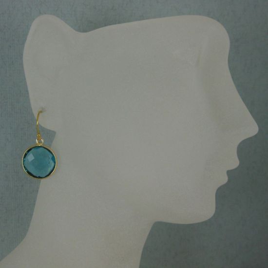 Wholesale Bezel Gemstone Round Pendant Earrings - Gold Plated Hooks - Blue Quartz