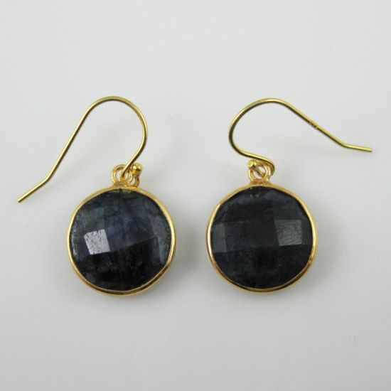 Wholesale Bezel Gemstone Round Pendant Earrings - Gold Plated Hooks - Blue Sapphire Dyed