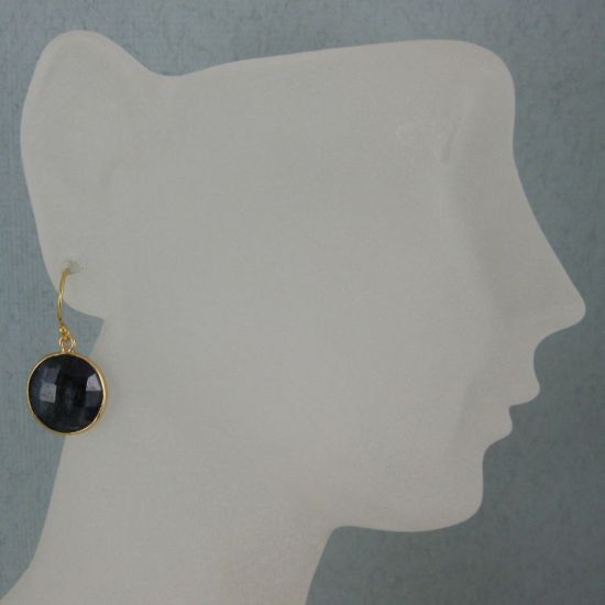 Wholesale Bezel Gemstone Round Pendant Earrings - Gold Plated Hooks - Blue Sapphire Dyed