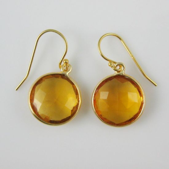 Wholesale Bezel Gemstone Round Pendant Earrings - Gold Plated Hooks -Citrine Quartz