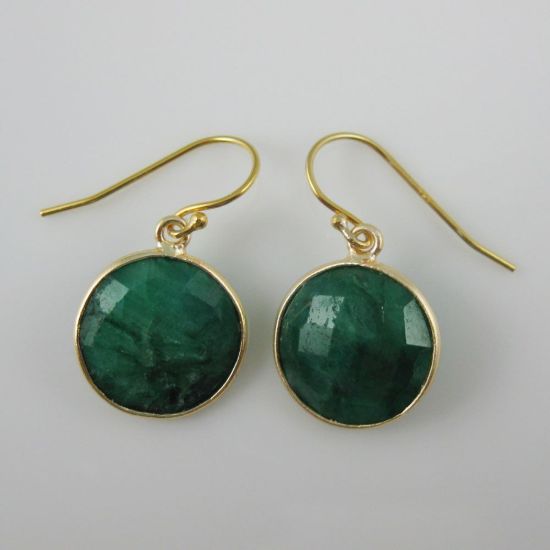 Wholesale Bezel Gemstone Round Pendant Earrings - Gold Plated Hooks - Emerald Dyed