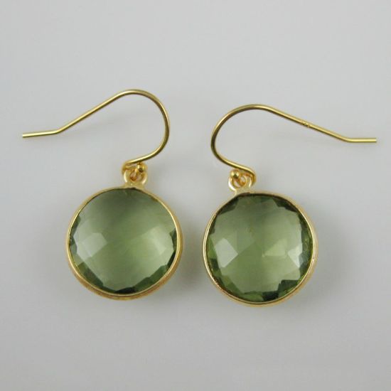 Wholesale Bezel Gemstone Round Pendant Earrings - Gold Plated Hooks - Green Amethyst Quartz